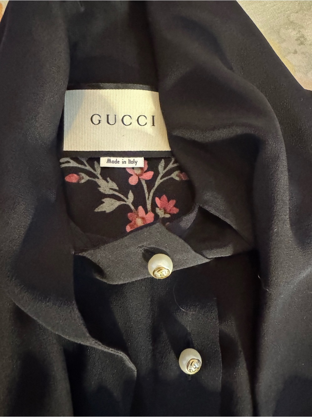 Gucci Black Silk Tie-Neck Dress Shirt